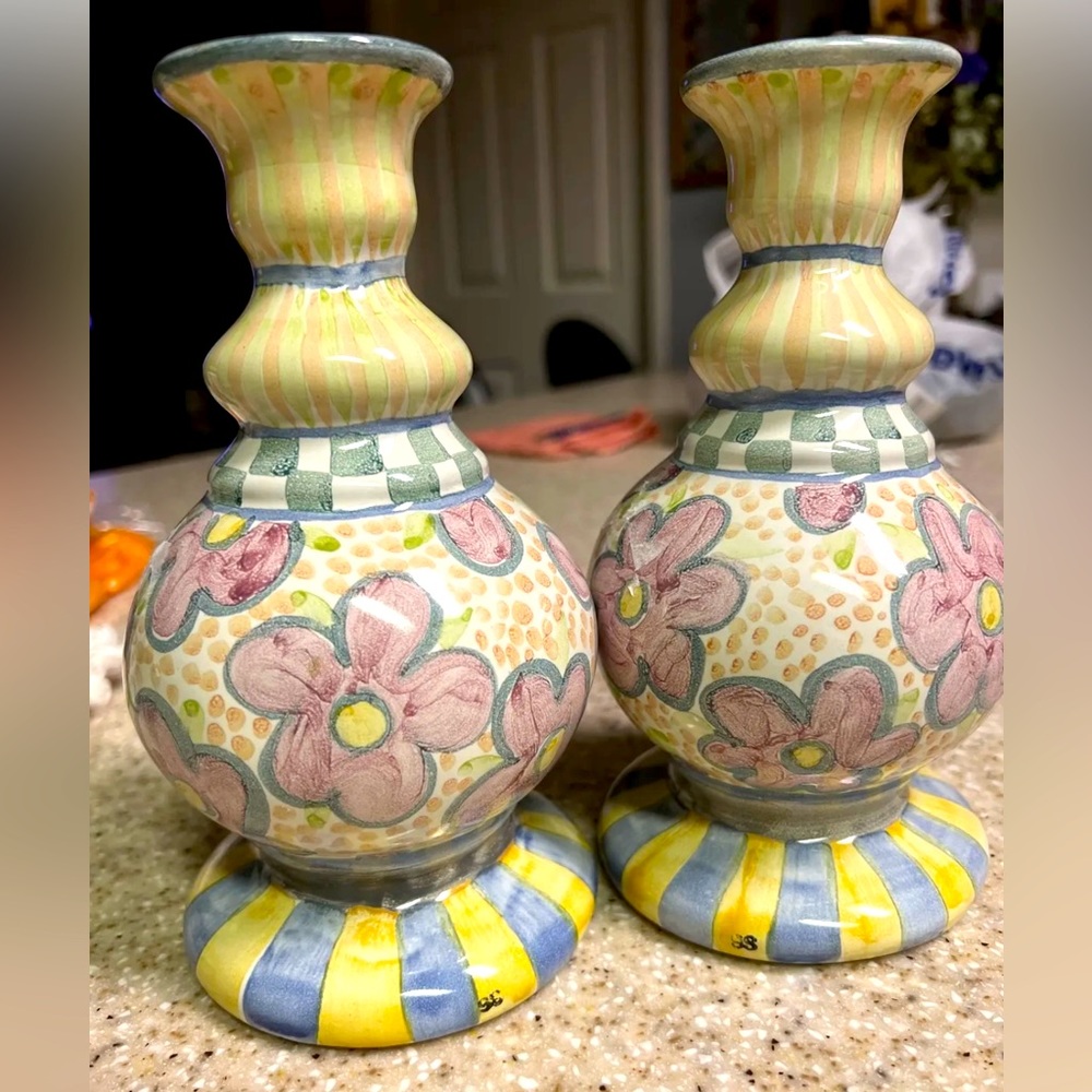 Pair of Mackenzie Childs candle holders.